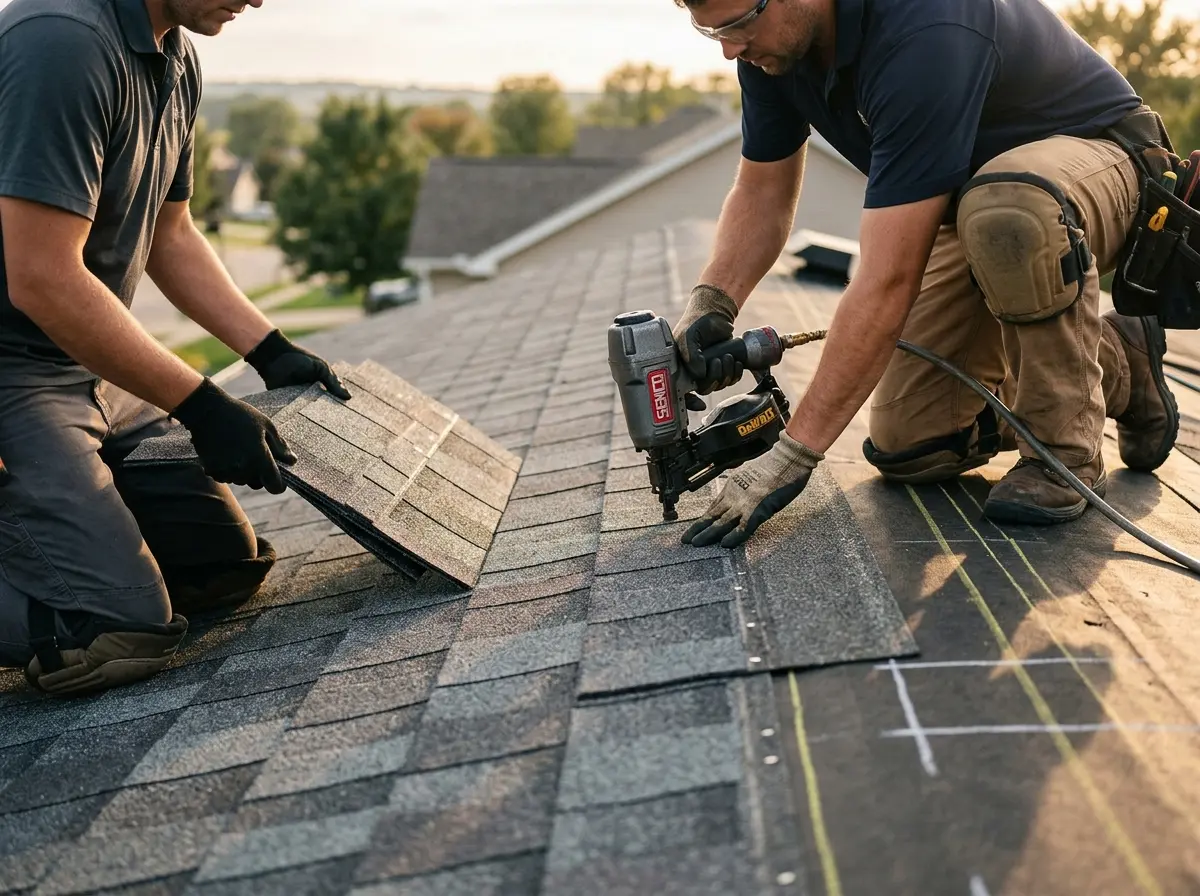 Professional roofer working on a residential roof in Maxatawny